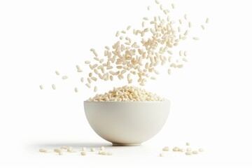 Elegant cascade of rice puffs spilling from a bowl in a minimalist kitchen setting