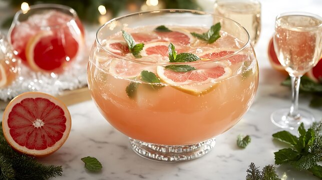 Fresh grapefruit punch in a crystal bowl is served at a sophisticated holiday party.