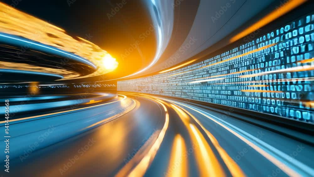 Poster futuristic digital tunnel with binary code and light streaks