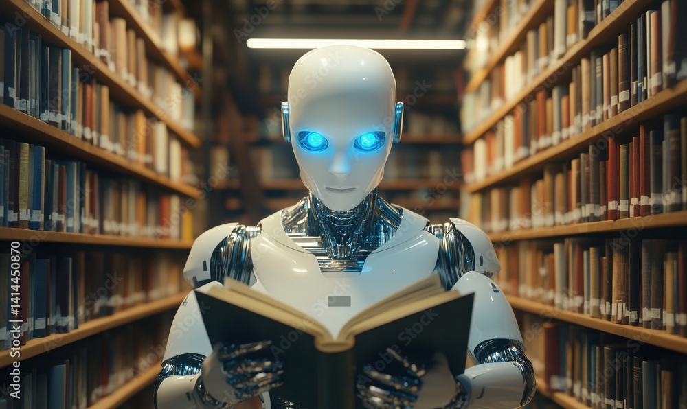 Poster robot reading book in library surrounded by shelves of books and knowledge
