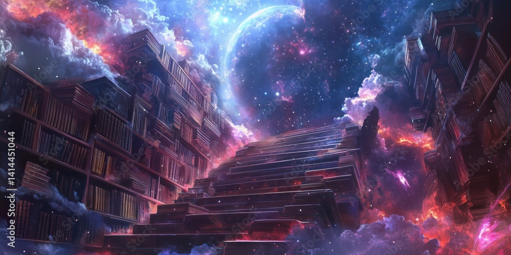 Poster cosmic library with floating books and celestial staircase under starry sky