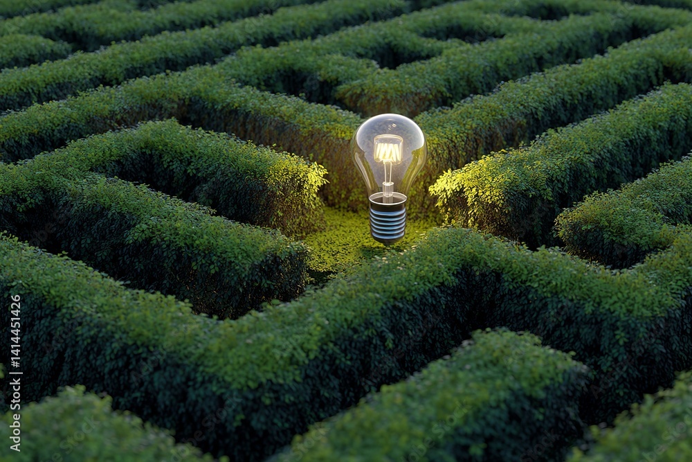 Poster illuminated idea lightbulb in green maze path solution concept business success innovation strategy 