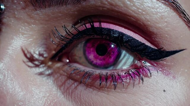 Vibrant magenta eye with dramatic black winged eyeliner artistic makeup