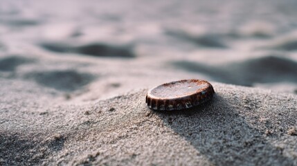 A weathered bottle cap rests on sunlit sand, telling tales of forgotten adventures and ocean whispers.