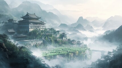 Obraz premium Asian building on a hillside surrounded by fog and mountains.