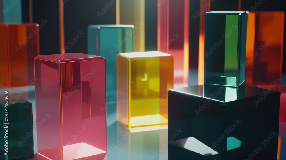 Poster colorful transparent cubes with artistic lighting in modern setting