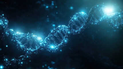 Obraz premium Abstract 3D DNA helix with glowing molecular structures in deep blue light