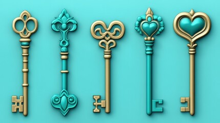 Vintage Decorative Keys in Bright Blue and Gold Color Scheme