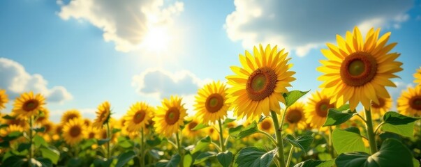 Obraz premium Sun-drenched sunflowers stretching towards a cloudless sky , agriculture, blue, summer