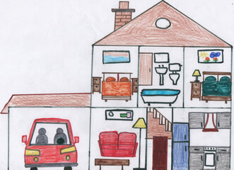 Cartoon hand-drawn illustration of a two-story house interior with a garage. It is ideal for children's learning materials, home-related content, or design projects.