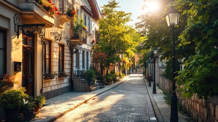 Fototapeta premium Beautiful European-style boulevard with historic houses and street lamps