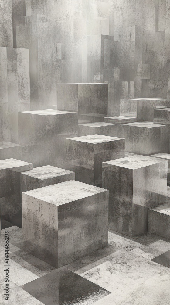 Poster Abstract Concrete Cubes in a Misty Setting: A 3D Render of Geometric Shapes