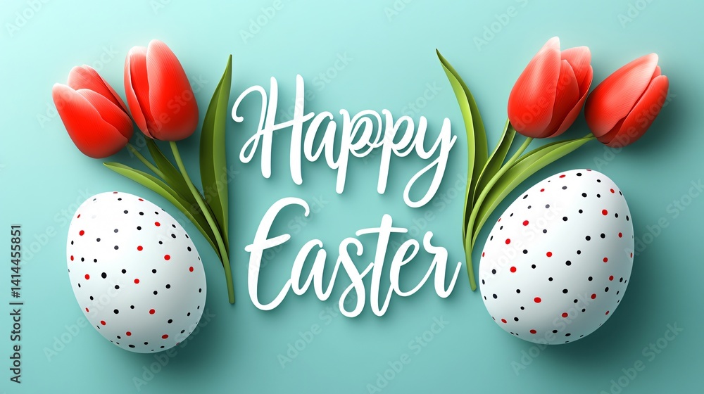 Poster hand-lettered happy easter flowing over elegant tulip-inspired eggs with subtle polka dot textures m