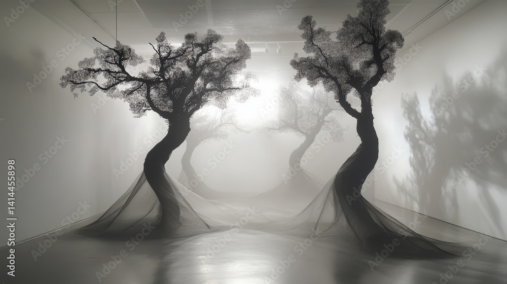 Poster two abstract tree sculptures with fabric in a white room creating shadows.