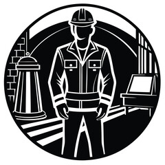 Engineer in Hard Hat and Work Uniform, Black and White Illustration in Circle