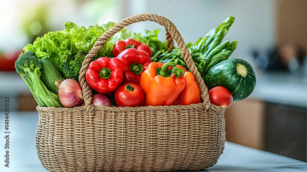 Poster assorted fresh produce in reusable string bag