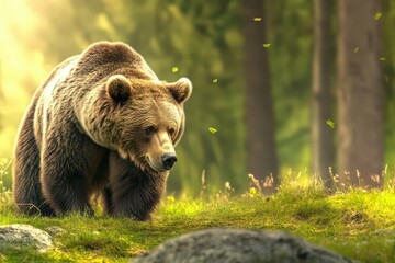 Obraz premium Syrian brown bear male in the enclosure. Latin name - Ursus arctos . Beautiful simple AI generated image