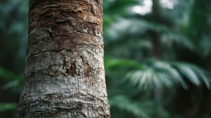 Close-up of a tree trunk with textured bark, set against a blurred background of lush green foliage in a forest setting.