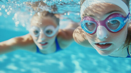 Naklejka premium Young girl practicing swimming techniques with guidance in clear blue pool