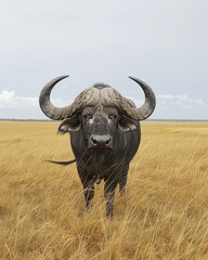 Obraz premium Majestic African buffalo standing in golden grassland under a cloudy sky, showcasing wildlife beauty
