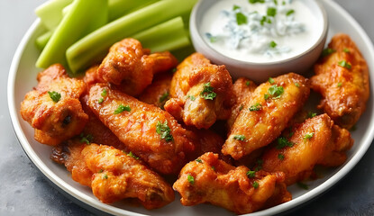 Fototapeta premium A delicious plate of crispy chicken wings served with fresh celery sticks and a creamy dipping sauce. Perfect for parties and game day gatherings.