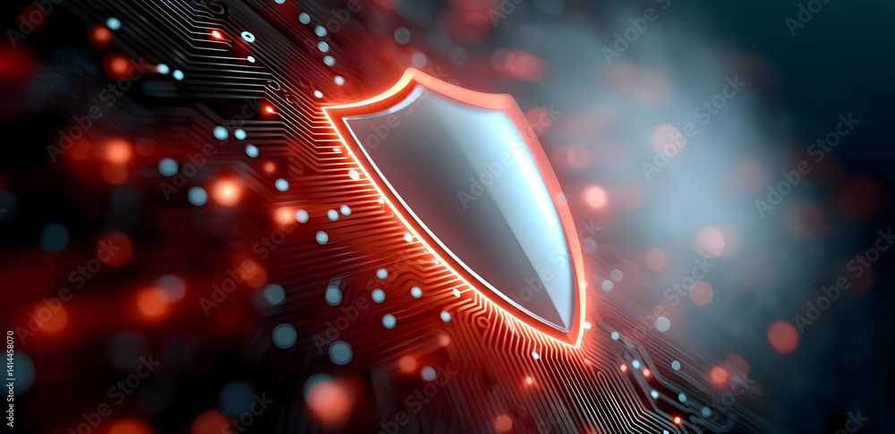 Poster a digital shield symbol glowing amidst a backdrop of interconnected data points, representing cybers