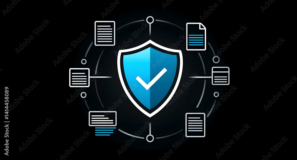 Poster a digital shield symbolizing cybersecurity, surrounded by document icons. represents data protection