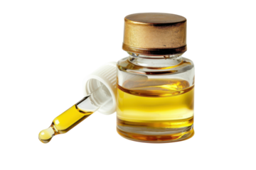 Captivating dropper bottle filled with golden oil rests beside its cap on a bright surface
