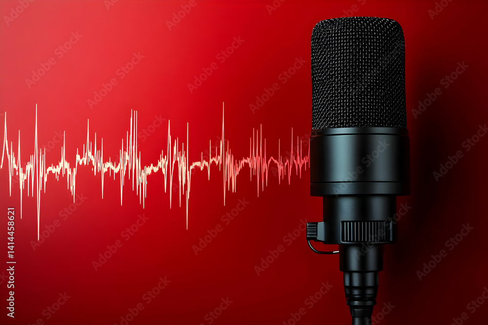 Poster a dynamic microphone in front of a vibrant red background, complemented by a sound wave graphic, per
