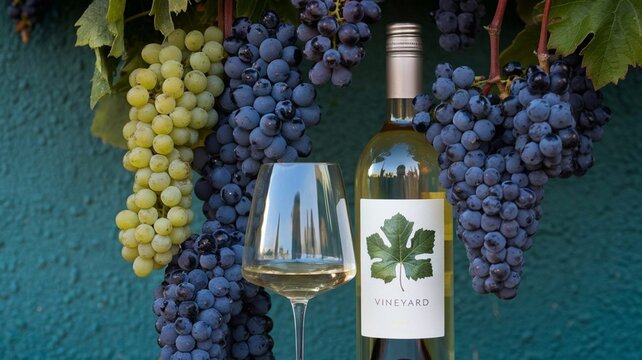 White wine bottle and glass verticaly arranged with fresh grapes on a textured teal background
