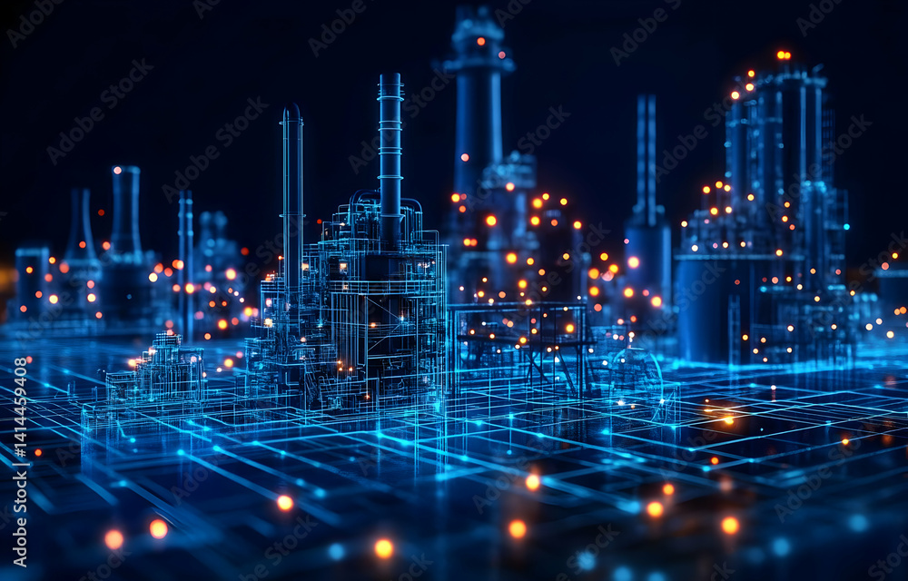 Poster a futuristic cityscape representing advanced technology with blue digital lines and illuminated stru