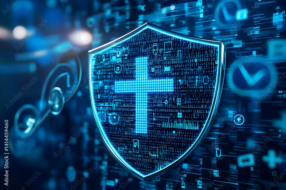 Poster a futuristic digital shield symbolizing security and protection in a technologically advanced enviro