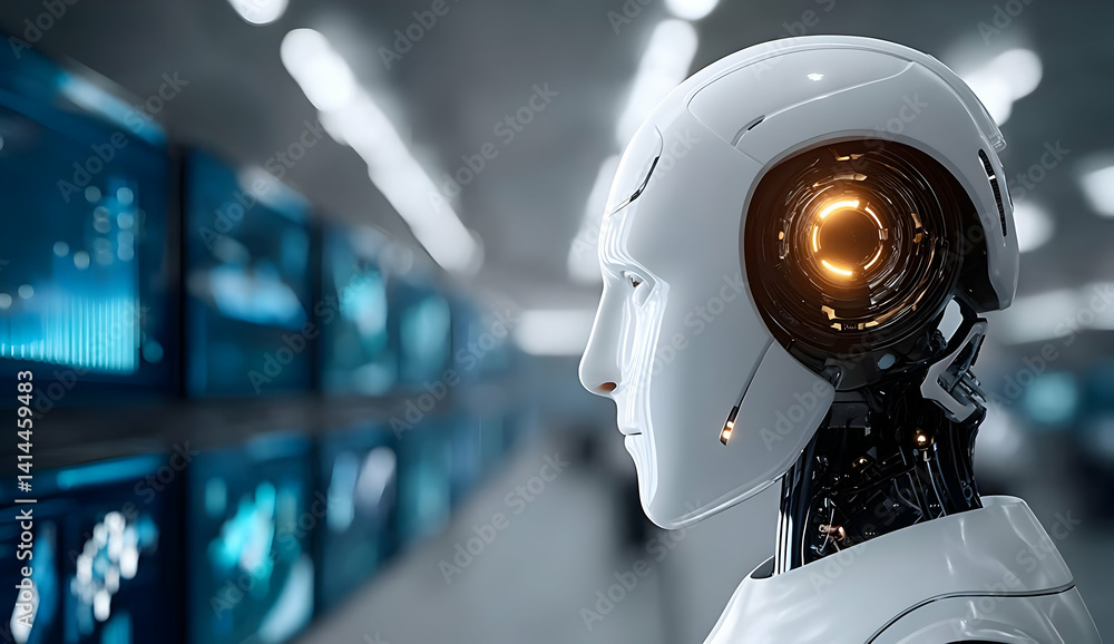 Poster a futuristic humanoid robot with a sleek design, showcasing advanced technology and a glowing elemen