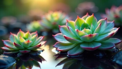 Fototapeta premium Water-filled succulent leaves, soft light reveals color gradients , juicy, color