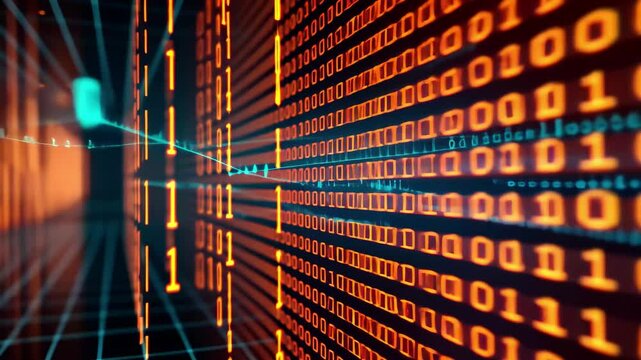 Vivid streams of binary code create a dynamic visual effect, illustrating the flow of information in a futuristic digital environment at night.
