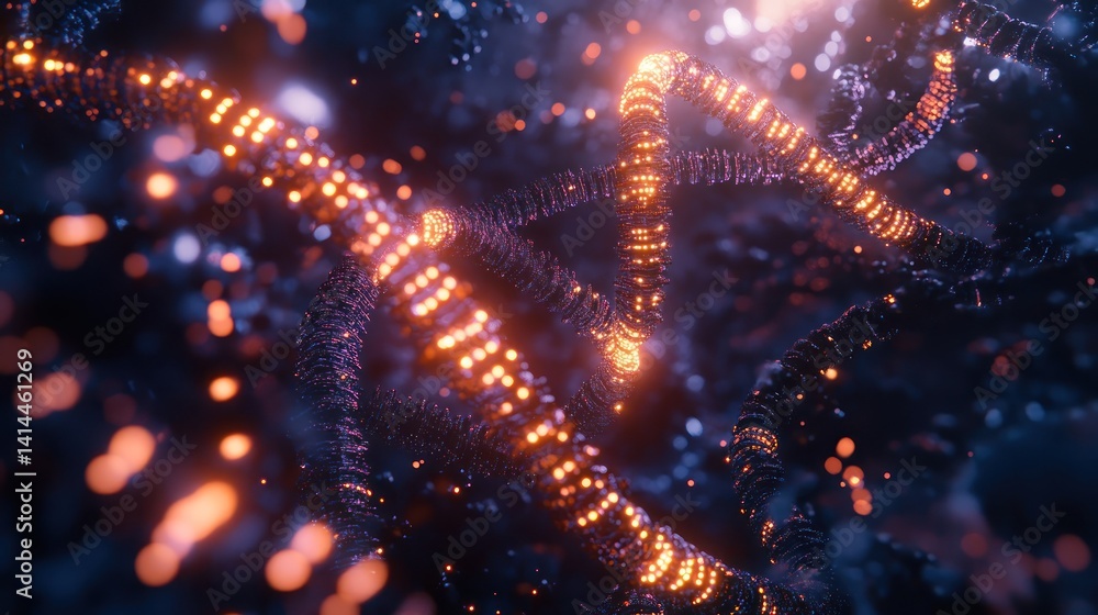Poster dna sequencing concept with a futuristic glowing helix and molecular structures