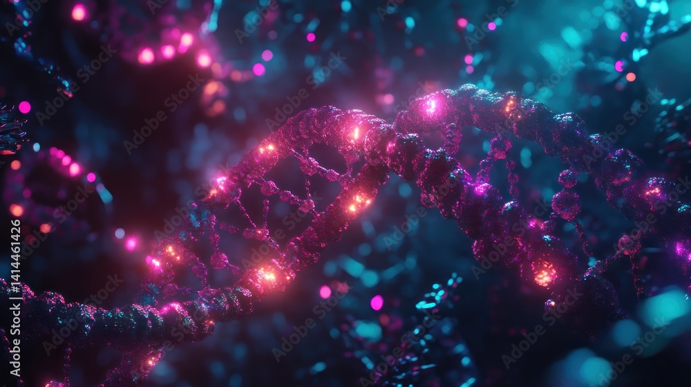 Poster dna sequencing concept with a futuristic glowing helix and molecular structures