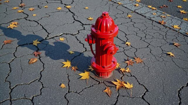 Vibrant red fire hydrant surrounded by autumn leaves on cracked sidewalk