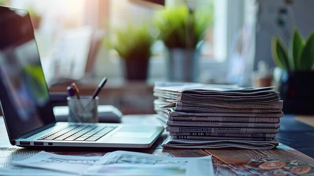 On a cozy desk, a laptop sits next to neatly stacked newspapers and scattered notes, illuminated by gentle morning sunlight filtering through the window.