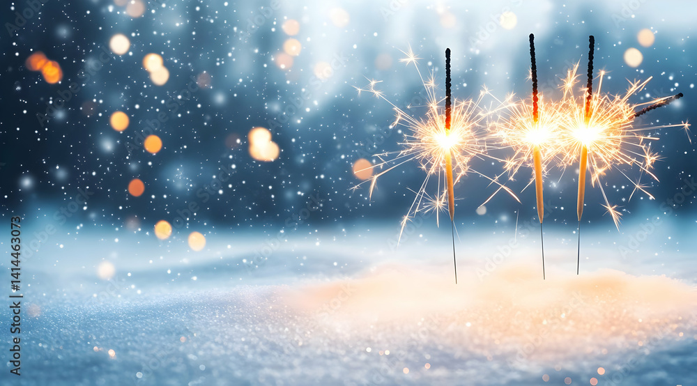 Poster a mesmerizing scene featuring sparklers glowing in the snow, surrounded by a softly blurred bokeh ba