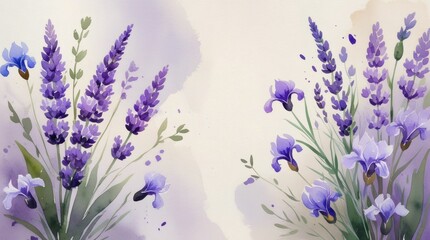 Naklejka premium Purple Lavender Florals on Textured Watercolor Wash Background