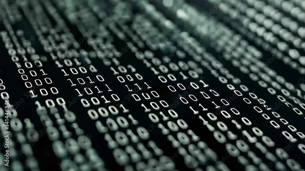 Poster streams of binary code flow across a dark background, creating a mesmerizing digital effect that evo