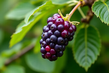 Assorted ripe berries and grapes on branches in a vineyard setting during harvest season