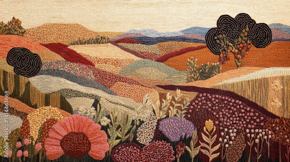 Poster abstract landscape art with rolling hills trees and fields in warm colors.