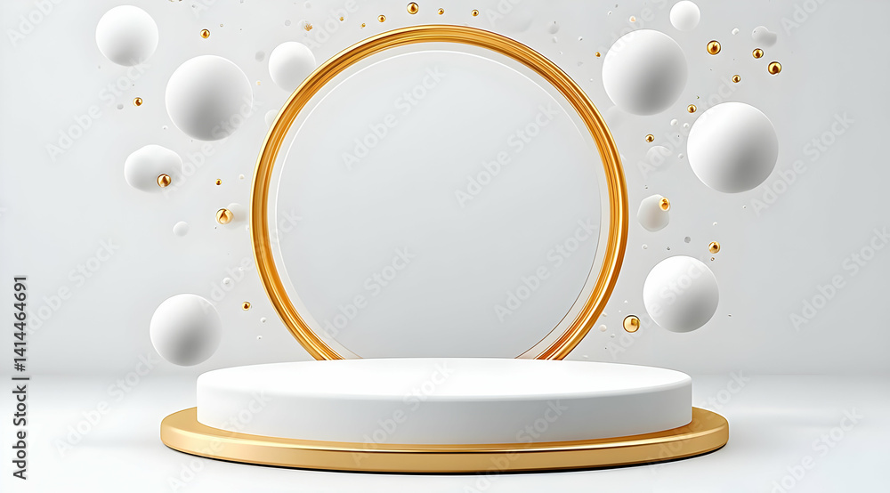 Poster a modern, elegant display podium with a circular frame and floating spheres, ideal for showcasing pr