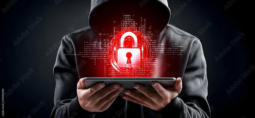 Poster a mysterious figure in a hoodie holds a tablet displaying a digital lock symbol. the background is d