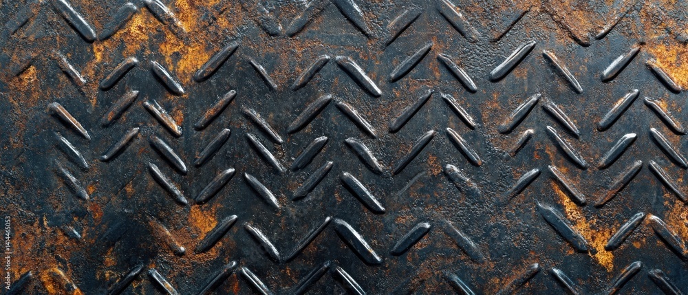 Poster oxidized metal surface with raised pattern and rust creating a textured industrial background for de