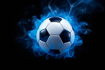 Fototapeta premium Soccer ball with blue smoke effect around it, digital style, on dark background, concept of dynamic sport energy and passion. Ai generative