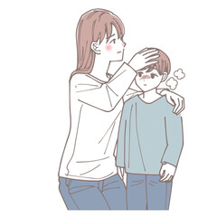 息子の熱を測るお母さんのイラスト