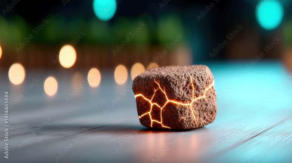 Poster a glowing rock with crack patterns, set against a blurred background of lights, creating a mystical 